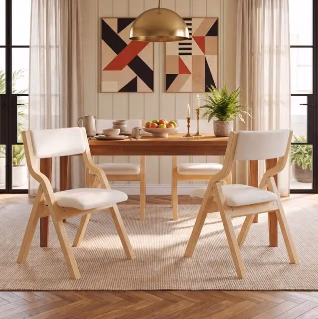 Set di 4 sedie pieghevoli da sala da pranzo in legno massello con rivestimento in lino beige