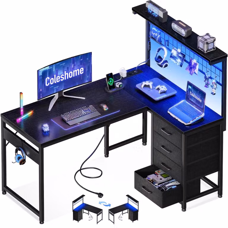 Scrivania da gaming a L - 4 cassetti e illuminazione LED - 110 x 80 cm - Nero