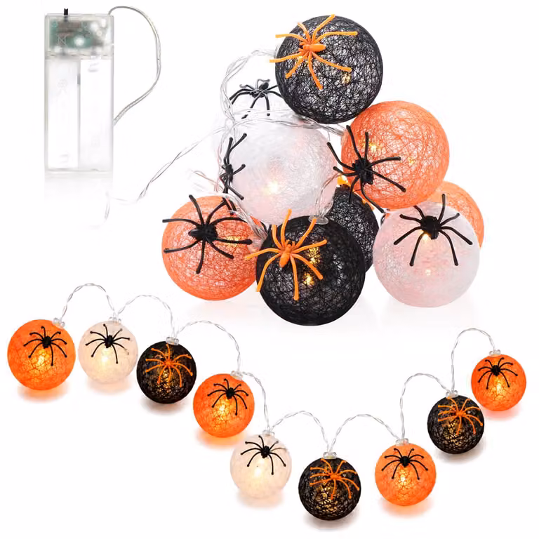 Catena luminosa a LED con 10 sfere, decorazione per Halloween, design a tema ragno
