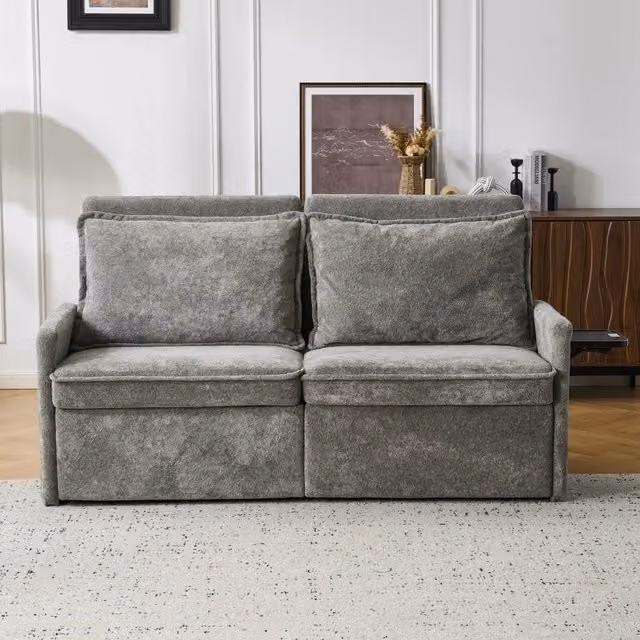 Divano letto 3 in 1 con contenitore e USB ¨C Xylo ¨C tessuto chenille grigio, schienale regolabile 5 posizioni