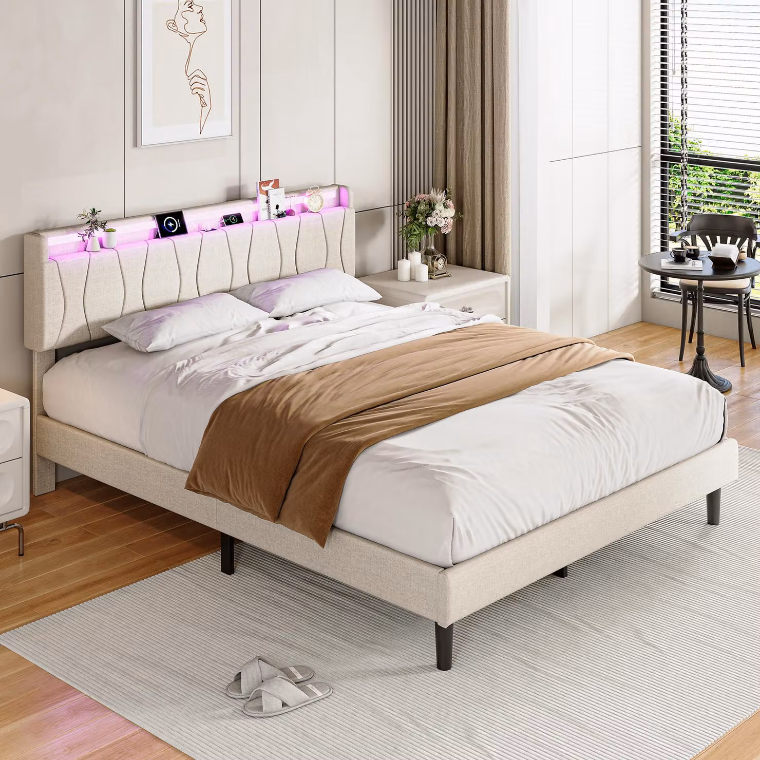 Letto imbottito REMZETTA, 160 x 200 cm, letto matrimoniale per adulti con rete a doghe, testiera imbottita in lino, illuminazione LED RGB, porta USB-C e 2 porte USB, color beige