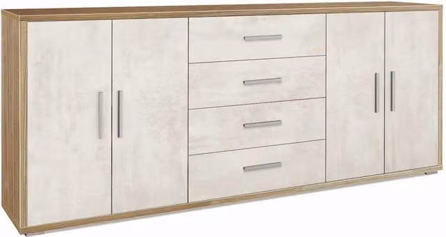 Madia credenza mobile con 4 ante e 4 cassetti 203x41x84H cm in kit di montaggio colore Noce Stelvio e Ossido bianco