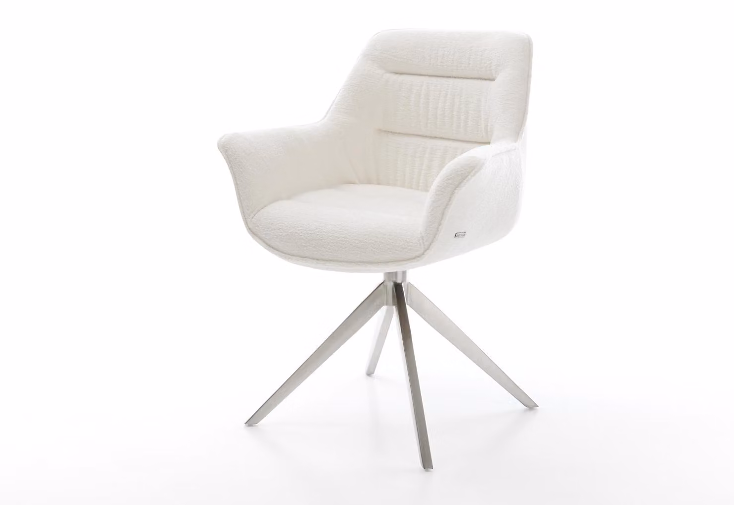 Sedia girevole DELIFE Kaira-Flex, rivestita in tessuto bouclé color beige chiaro, con struttura a croce in acciaio inossidabile, girevole a 360° e dotata di funzione basculante