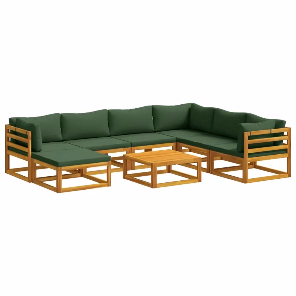 Set di divani da giardino a forma di U vidaXL in legno di acacia massello con 8 pezzi, colore marrone e verde, comprensivo di tavolino da caffè, pouf e cuscini rimovibili – 2