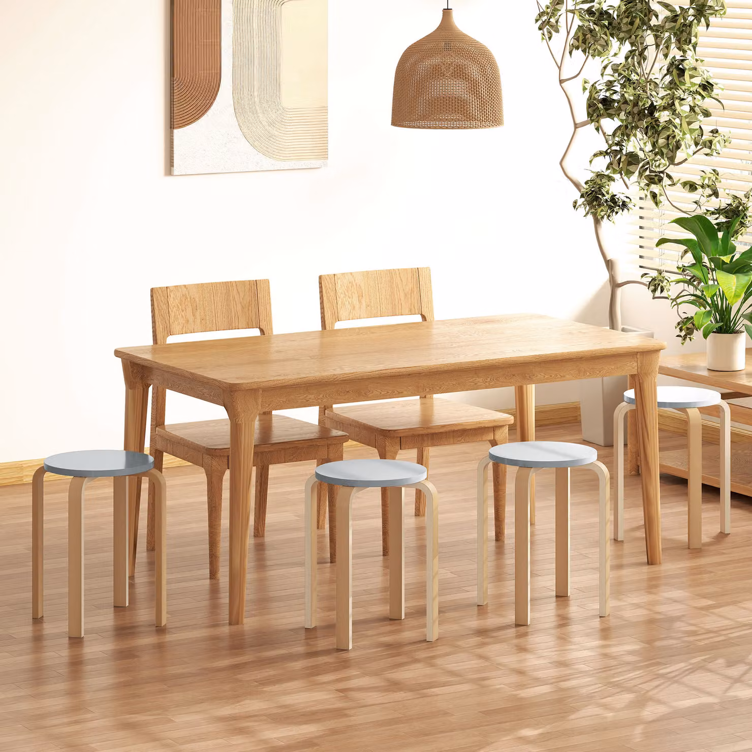 Set di 4 sgabelli rotondi impilabili HOMCOM in legno e tessuto grigio, Ø40 x H45 cm – 2
