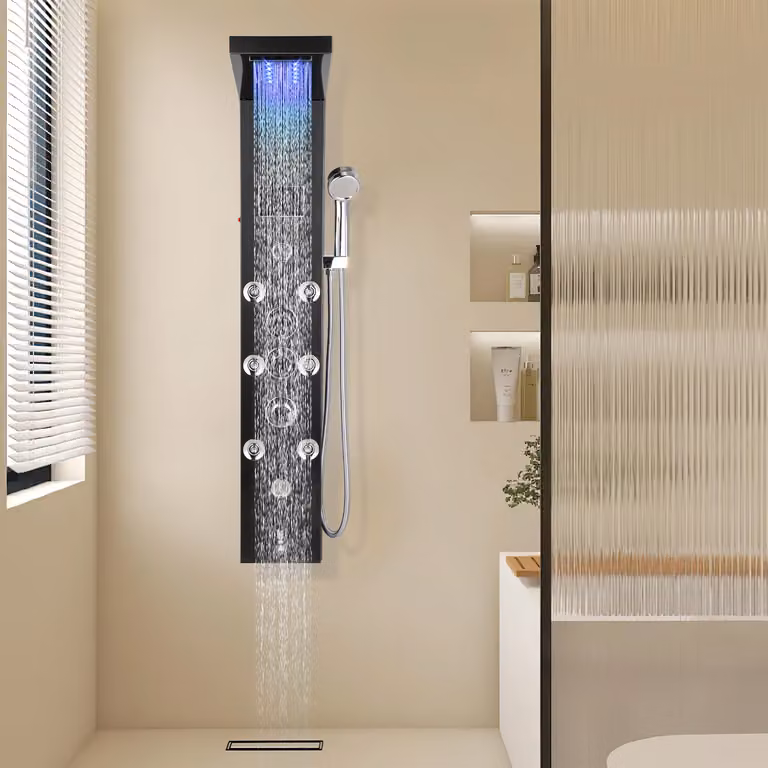 Clanmacy Pannello doccia per bagno Sistema doccia idromassaggio Doccia a pioggia Pannello doccia multifunzionale 6 grandi getti massaggianti Colonna doccia, nero