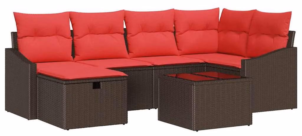 Set di divani con cuscini con contenitore in polirattan marrone