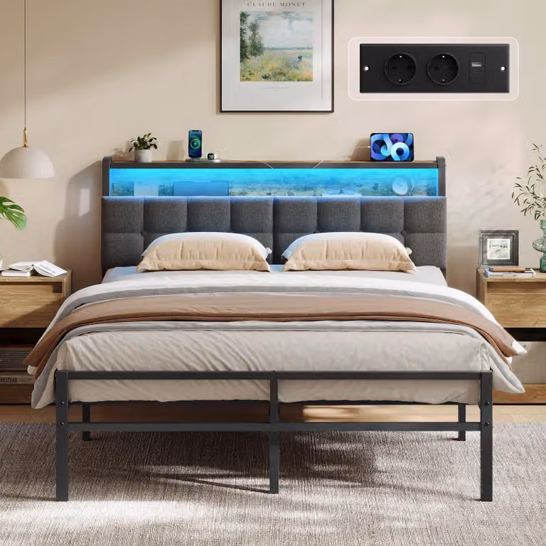Letto in metallo VASAGLE, 140 x 200 cm, con testiera, spazio contenitivo e illuminazione LED