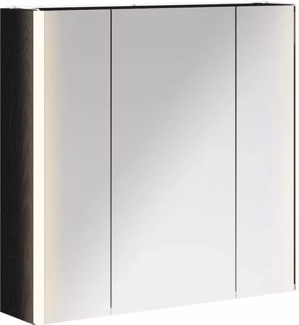 Mobiletto da bagno moderno con ante in vetro e illuminazione LED in legno nero e rovere, sospeso, L: 63,5 cm, H: 60,5 cm, P: 15,5 cm