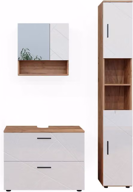 Set di mobili da bagno Irma Bianco lucido/Rovere dorato 3 pezzi Vicco