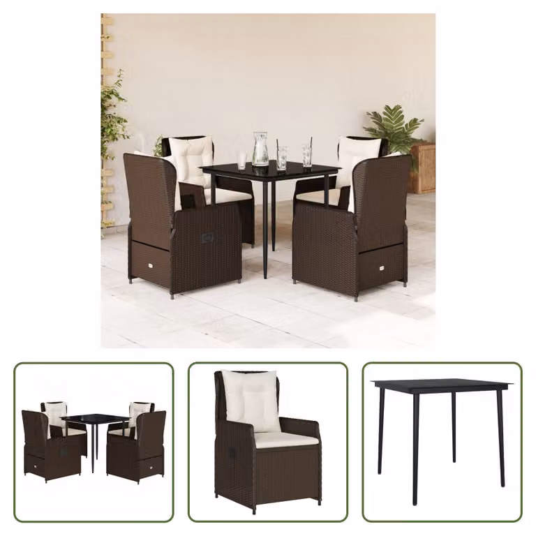The Living Store Set da pranzo da giardino 5 pezzi con cuscini in polirattan marrone