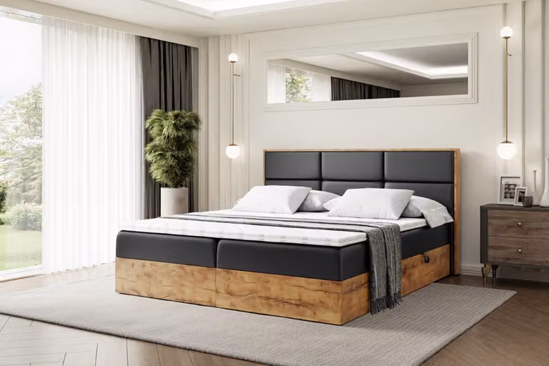 Letto boxspring ALTDECOR con materasso e rete a doghe, topper, pediera, letto imbottito con contenitore, letto con vano portaoggetti, materasso H4, letto matrimoniale, letto boxspring - LOLLI1 - 200x200 - Ecopelle nera
