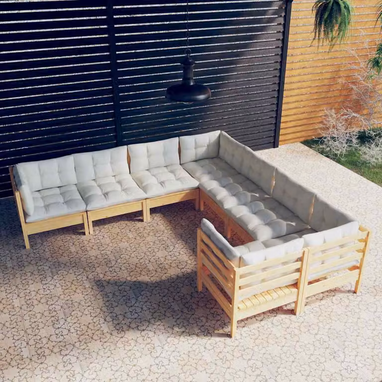 Set di divani da giardino vidaXL a forma di L in legno massello di pino con cuscini beige, 8 pezzi