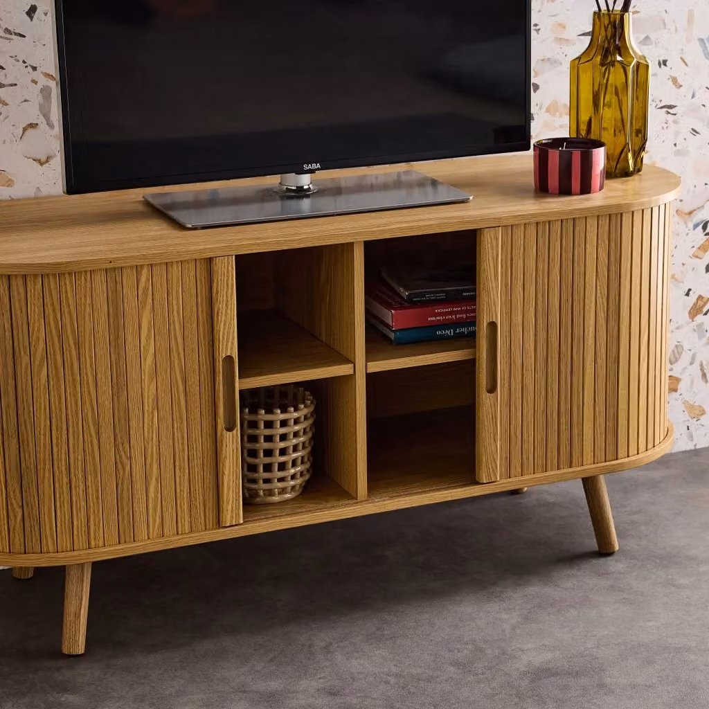 Mobile TV Sweeek in stile scandinavo con 2 ante scorrevoli, marrone naturale, L: 120 cm, P: 40 cm, H: 57 cm – 2