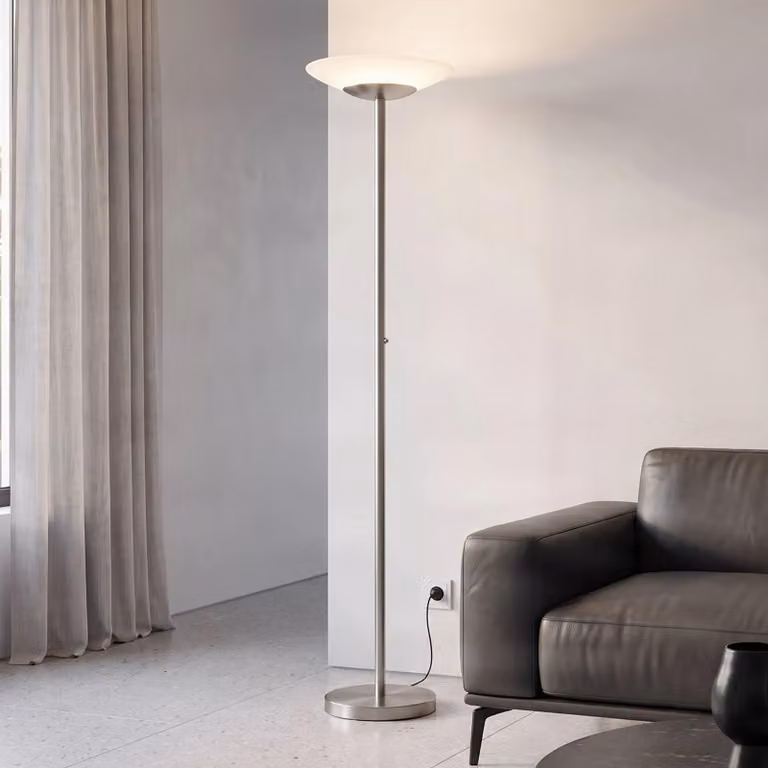 Lampada da terra con luce lettura Ragna Lindby, dimmerabile, Alluminio / Grigio / Zincato, Soggiorno / Sala da pranzo, Vetro, Moderno, Lampada LED da terra