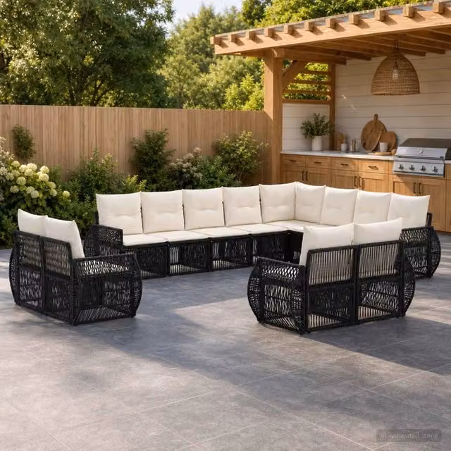 Set Divano da Giardino vidaXL 12 Pezzi a Forma di U in Polyrattan Nero e Bianco Crema con Cuscini Imbottiti e Struttura in Acciaio Verniciato a Polvere