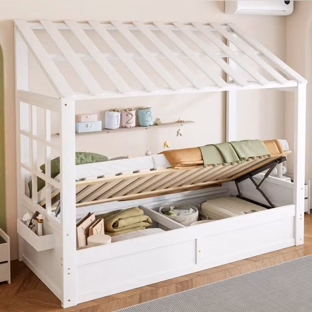 Letto casetta per bambini 90 x 200 cm con tetto; finestra e contenitore idraulico bianco