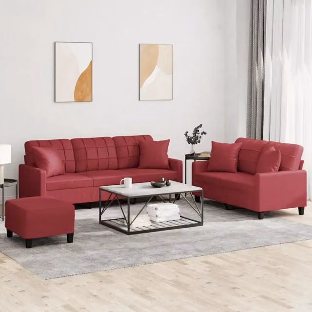 Set di Divani 3 pz con Cuscini Rosso Vino in Similpelle 3201396