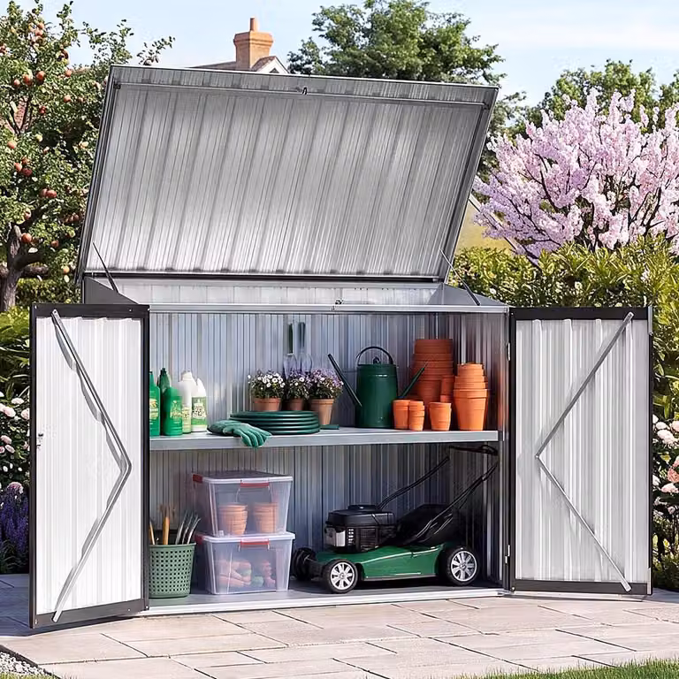 Capanno da giardino in metallo, dimensioni 4x2 piedi, con porta frontale e sportello superiore, acciaio zincato, resistente alle intemperie, colore nero, include 1 ripiano