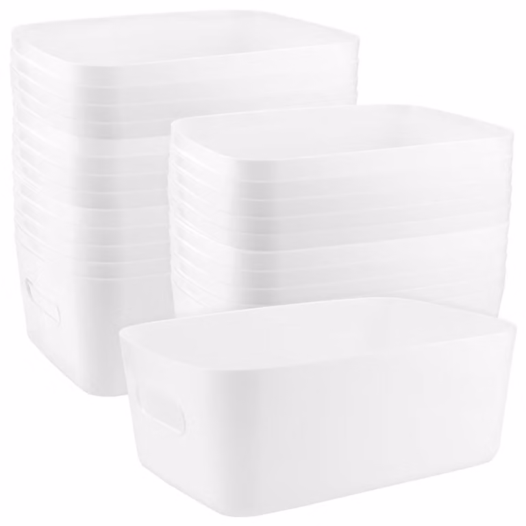 Cesti portaoggetti 18 pezzi - Contenitori in plastica bianca - Impilabili - Con maniglie - 20,5 x 14 x 7 cm - Salvaspazio