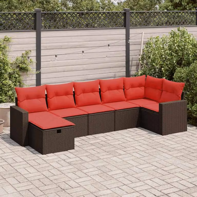 Set di divani da giardino vidaXL 7 pz a forma di U in rattan marrone con cuscini e struttura in metallo