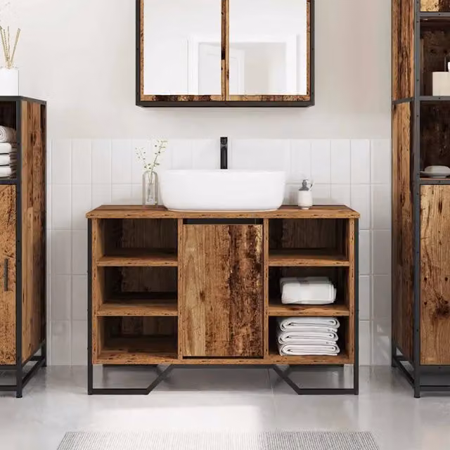 Armadietto da bagno vidaXL in legno e metallo marrone con ante a battente, L/P/H: 91 x 35 x 60 cm – 1