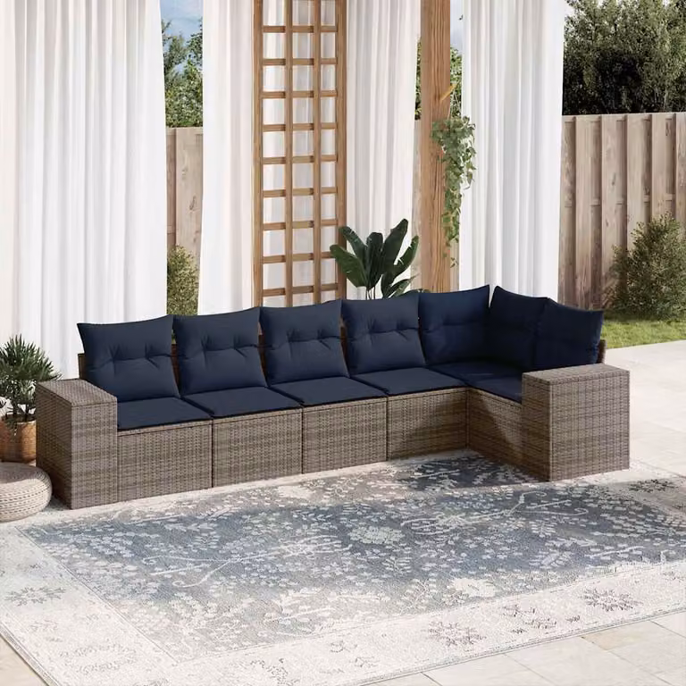 Set di divani da giardino vidaXL a forma di L composto da 6 pezzi con cuscini blu e struttura in rattan e metallo grigio
