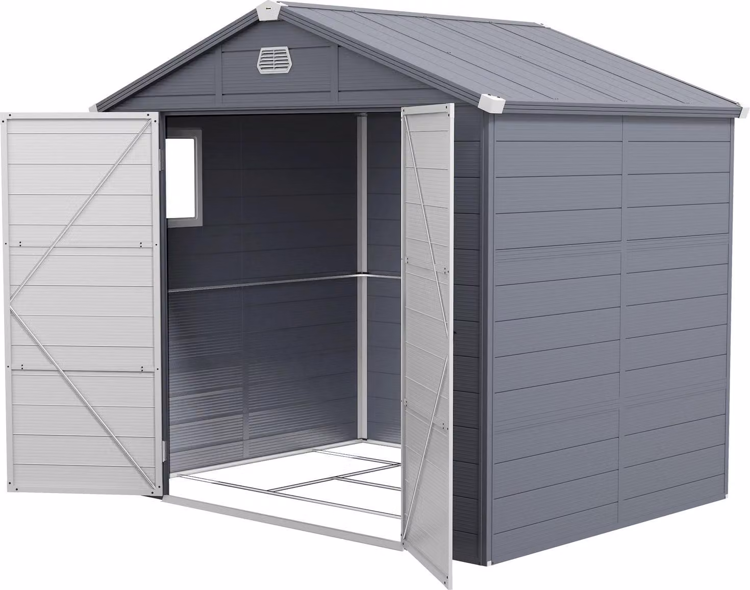 Casetta per attrezzi 4,1 m³, casetta da giardino con tetto a falda, 240 x 190 x 180/228 cm, casetta per attrezzi con porta con serratura, finestra, garage per biciclette, armadio da giardino in alluminio, per cortile, giardino, grigio