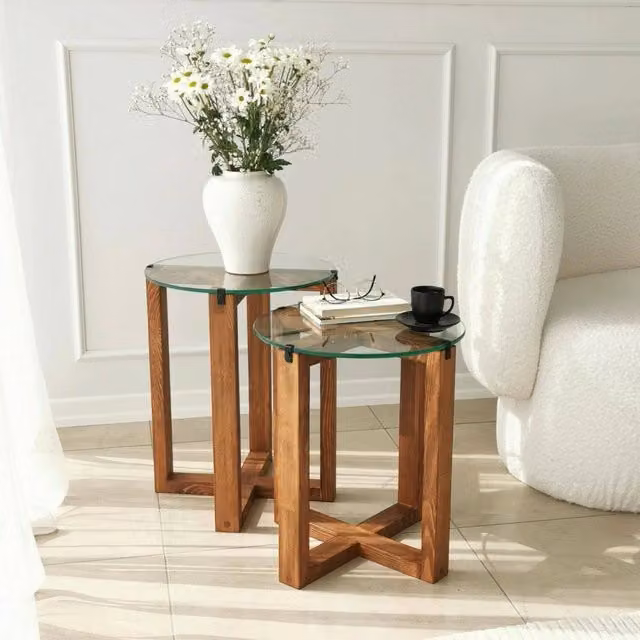 Tavolino da salotto modulare DMORA Arzana rotondo in legno marrone e vetro trasparente L/P/H: 40 x 40 x 50 cm
