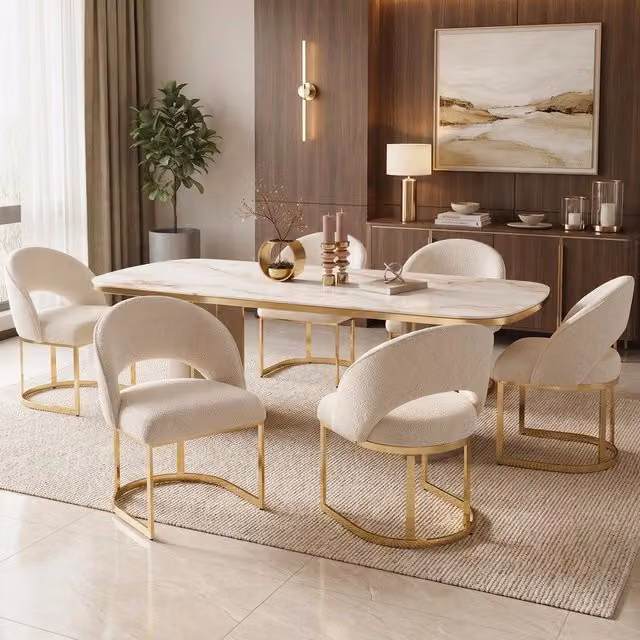 Set 6 Sedie da Pranzo ¨C Minimal ¨C Beige, rivestimento boucle, gambe effetto oro, stile moderno