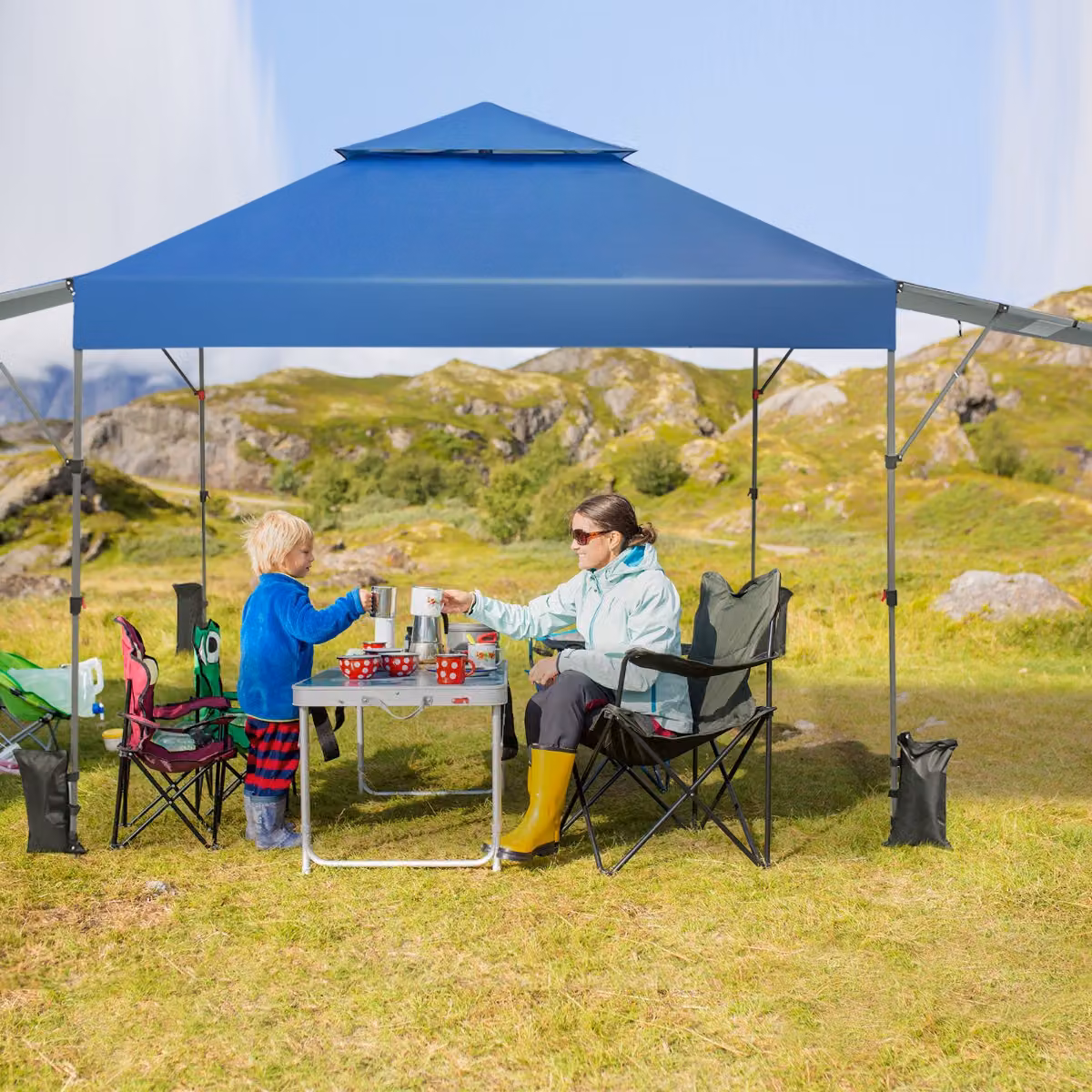 Tenda Pop-up istantanea da esterno Costway con doppia mezza tenda e tettoia regolabile in altezza, Blu, L: 5,37 m x P: 3 m x H: 2,9 m