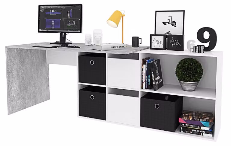 Scrivania con 8 scomparti, dimensioni 150x72x90 cm, finitura bianco lucido/grigio cemento