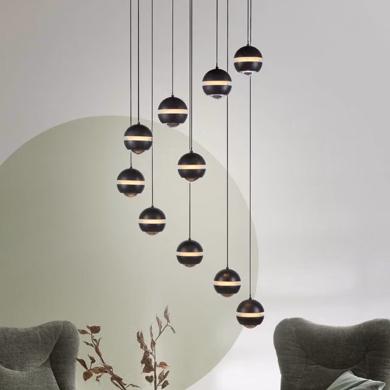 SCHÖNER WOHNEN-Kollektion WOHNEN Lampada LED a sospensione Lini nera 10 luci Lini, dimmerabile, Nero, Soggiorno / Sala da pranzo, Plastica, Moderno