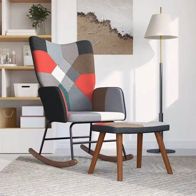 Sedia a Dondolo con Poggiapiedi in Tessuto Patchwork 328204