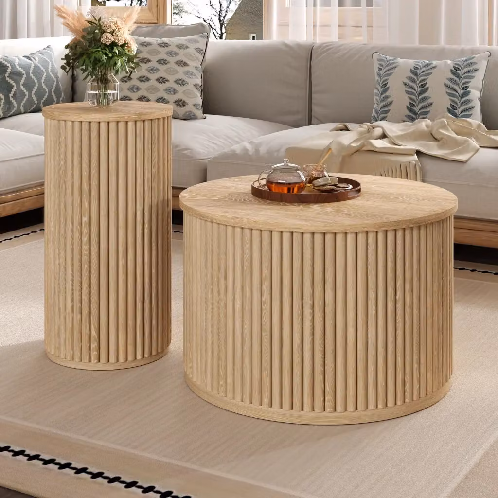 Set di 2 tavolini da caffè rotondi REDOM in MDF beige con top a incastro, L/P/H: 60 x 60 x 38,5 cm e 30 x 30 x 56 cm – 2