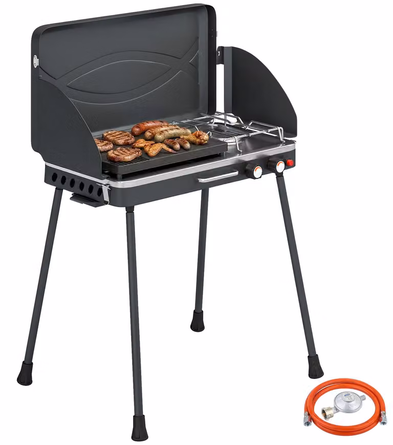 Barbecue a gas portatile a 2 fuochi da 7 kW, barbecue da tavolo 2 in 1 con gambe pieghevoli, griglia, paravento, coperchio e chiusura