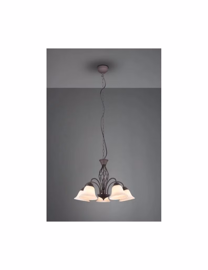 Lampadario a sospensione Trio Leuchten in stile rustico con 5 luci, struttura in metallo marrone e paralumi a cupola in vetro bianco, altezza regolabile – 2