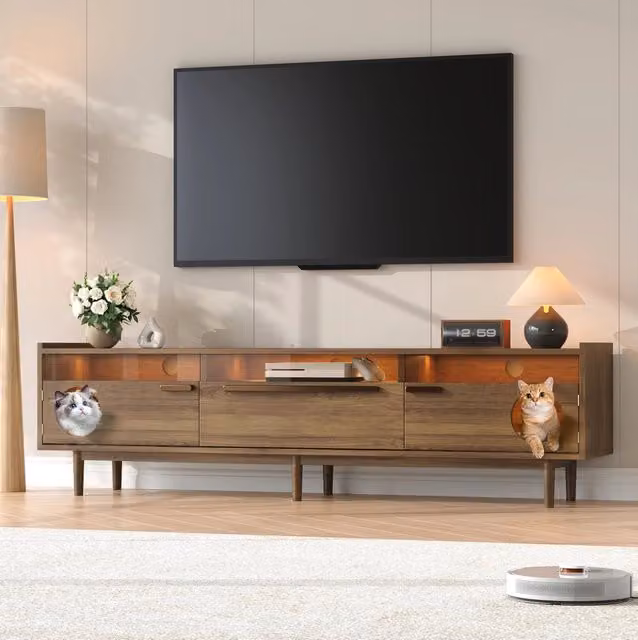 Mobile TV 180x40x50 cm noce in MDF con LED e vano per gatti