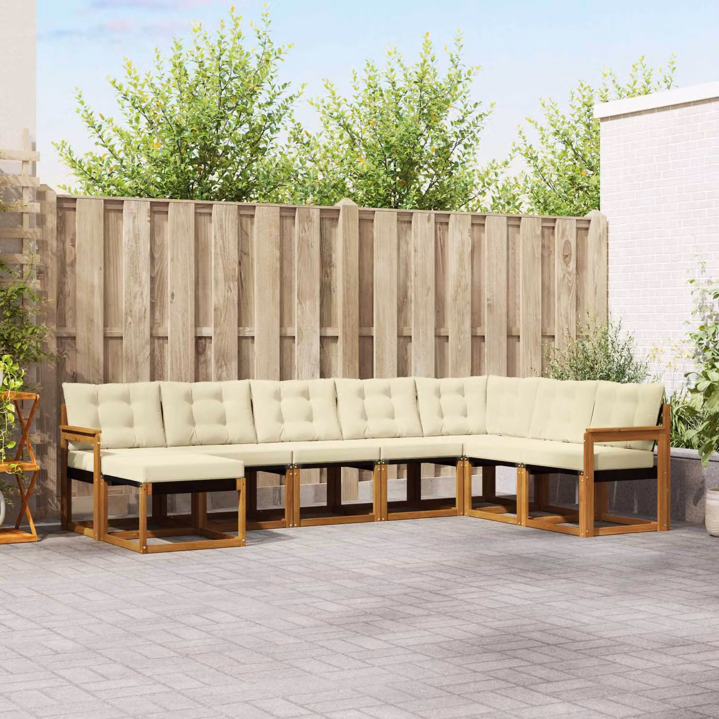 vidaXL Set di divani da esterno a L composto da 8 pezzi in legno di acacia e tessuto textilene, colori beige, bianco e marrone