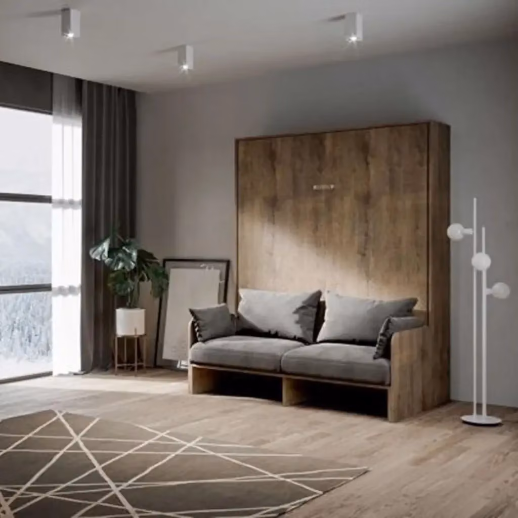 Letto matrimoniale a scomparsa Kentaro Kivio con divano in tessuto grigio e legno noce, 160x200 cm – 2