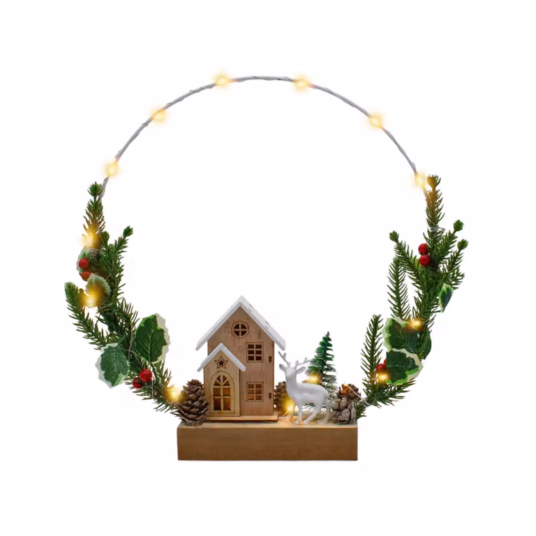 Scena invernale illuminata con anello con abete verde - Ø 32 cm circa - Decorazione natalizia a LED con timer