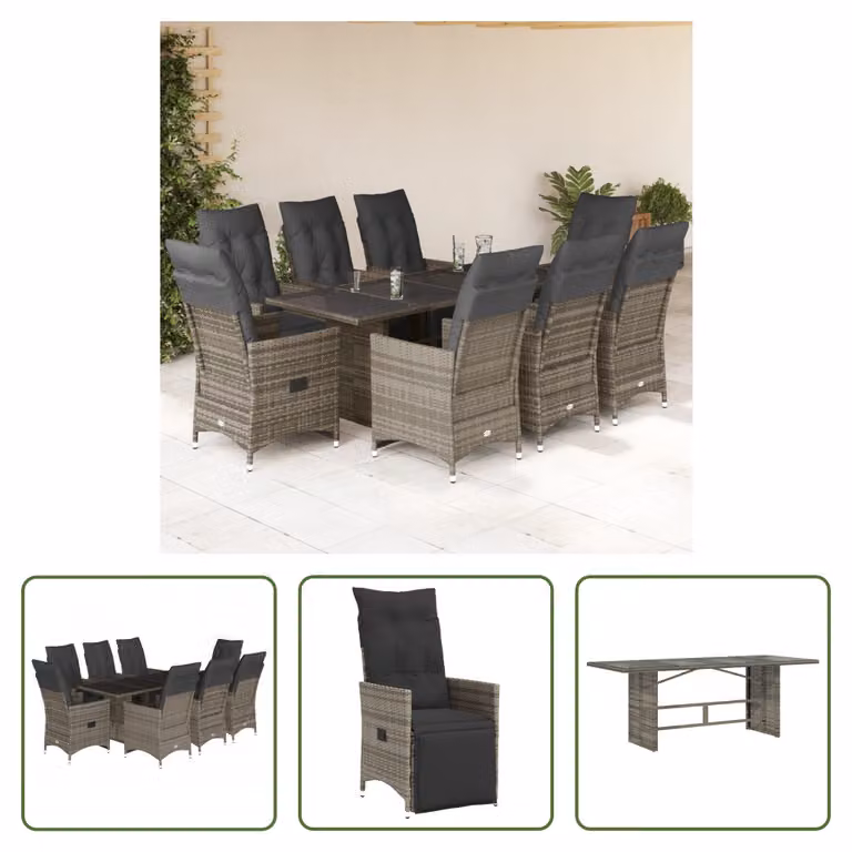 The Living Store Set bistrot da giardino 9 pezzi con cuscini in poly rattan grigio