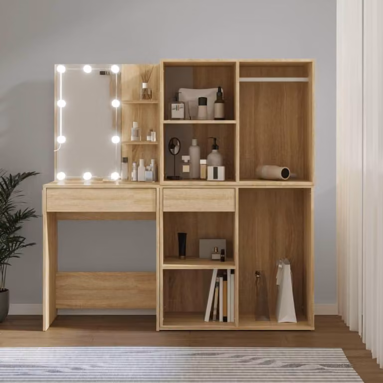 Comò da trucco a LED con due cassetti, in legno effetto noce Sonoma, dimensioni 60x40x140 cm, mobile moderno per il trucco