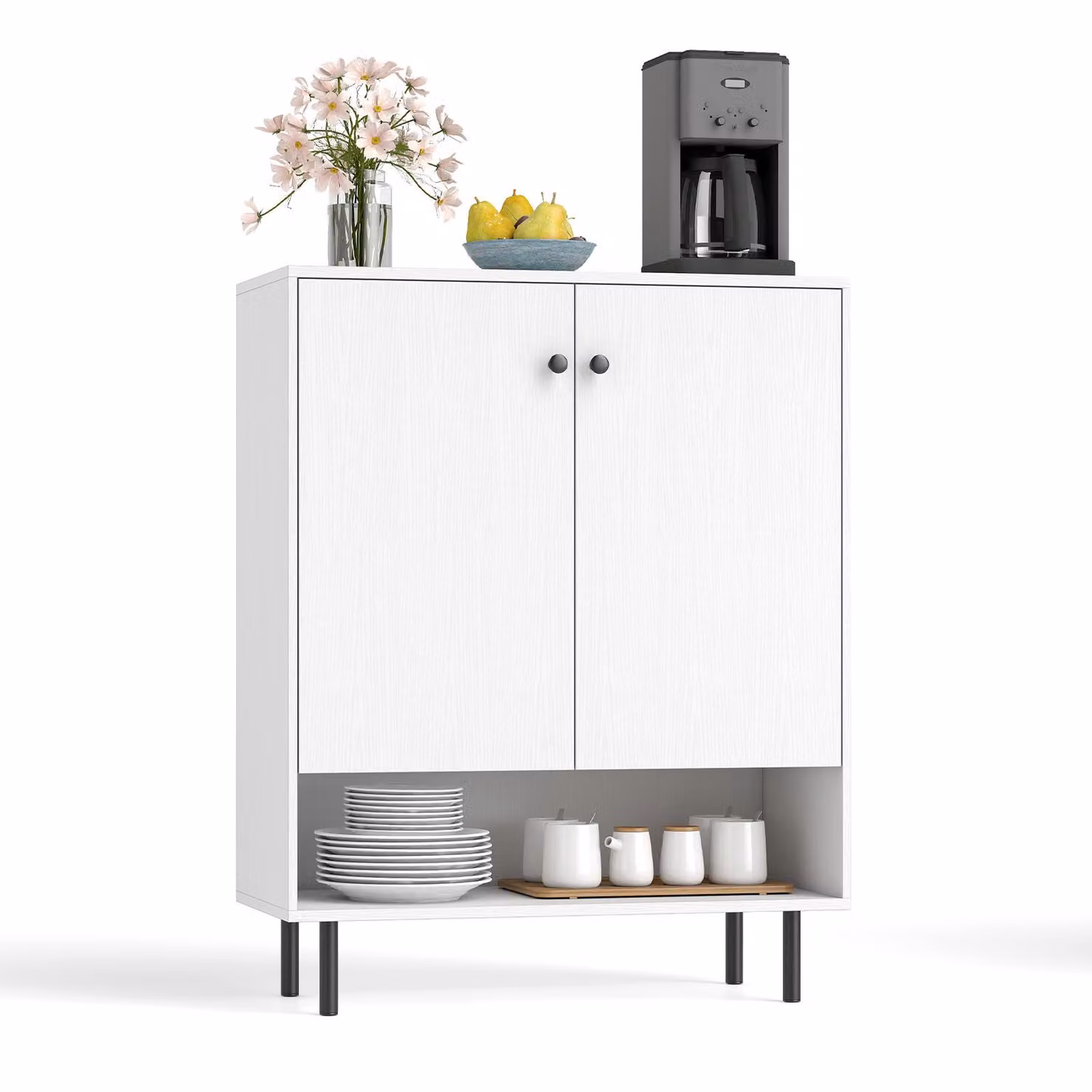 COSTWAY Mobile Buffet Credenza, Mobile da Cucina con 2 Porte Scaffale Regolabile e Anti-inclinazione Moderna Mid-Century Caffè Bar Cabinet Bianco