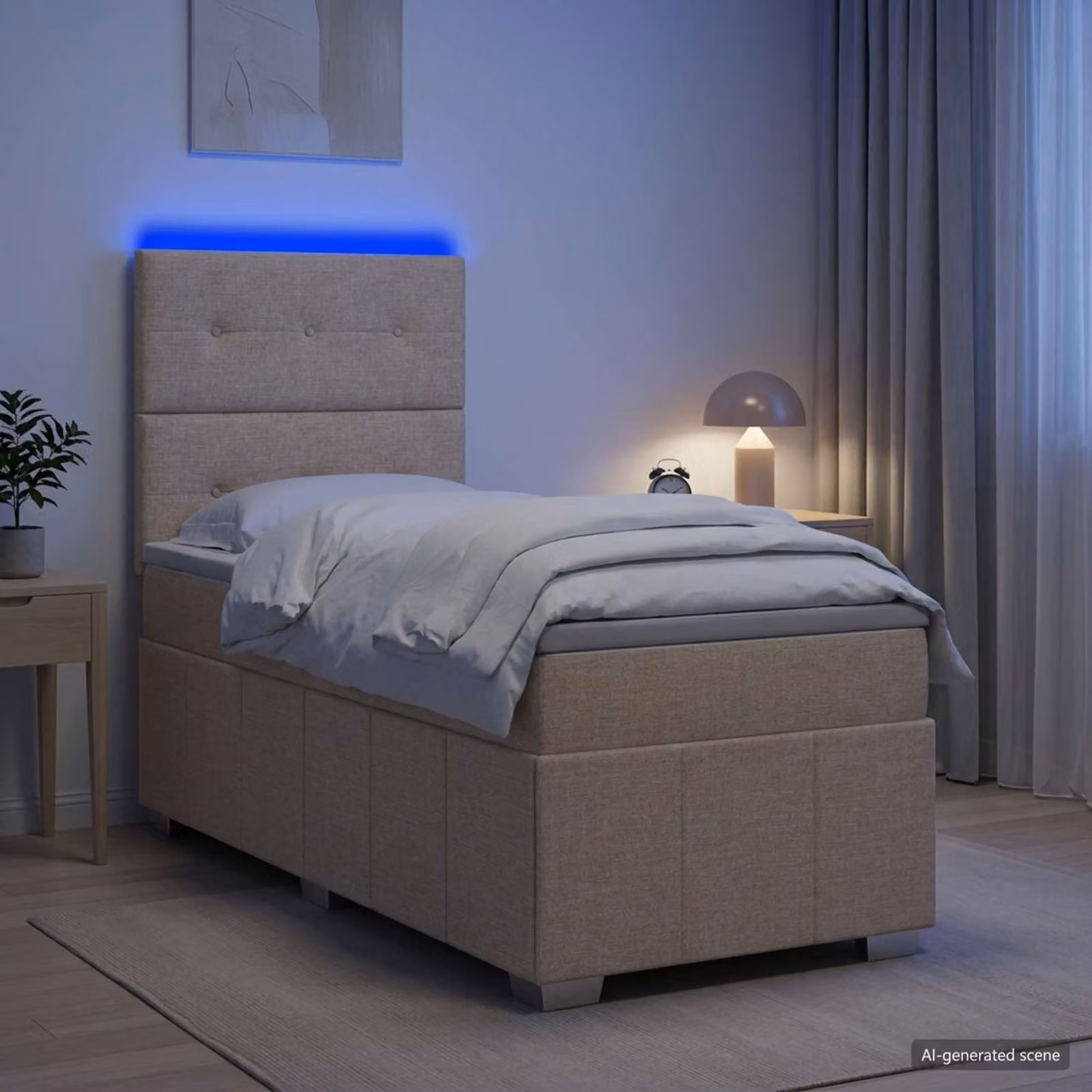Letto Box Spring vidaXL con Materasso in Tessuto Beige e Illuminazione LED, Porta USB e Base a Sollevamento, L 90 x P 200 cm