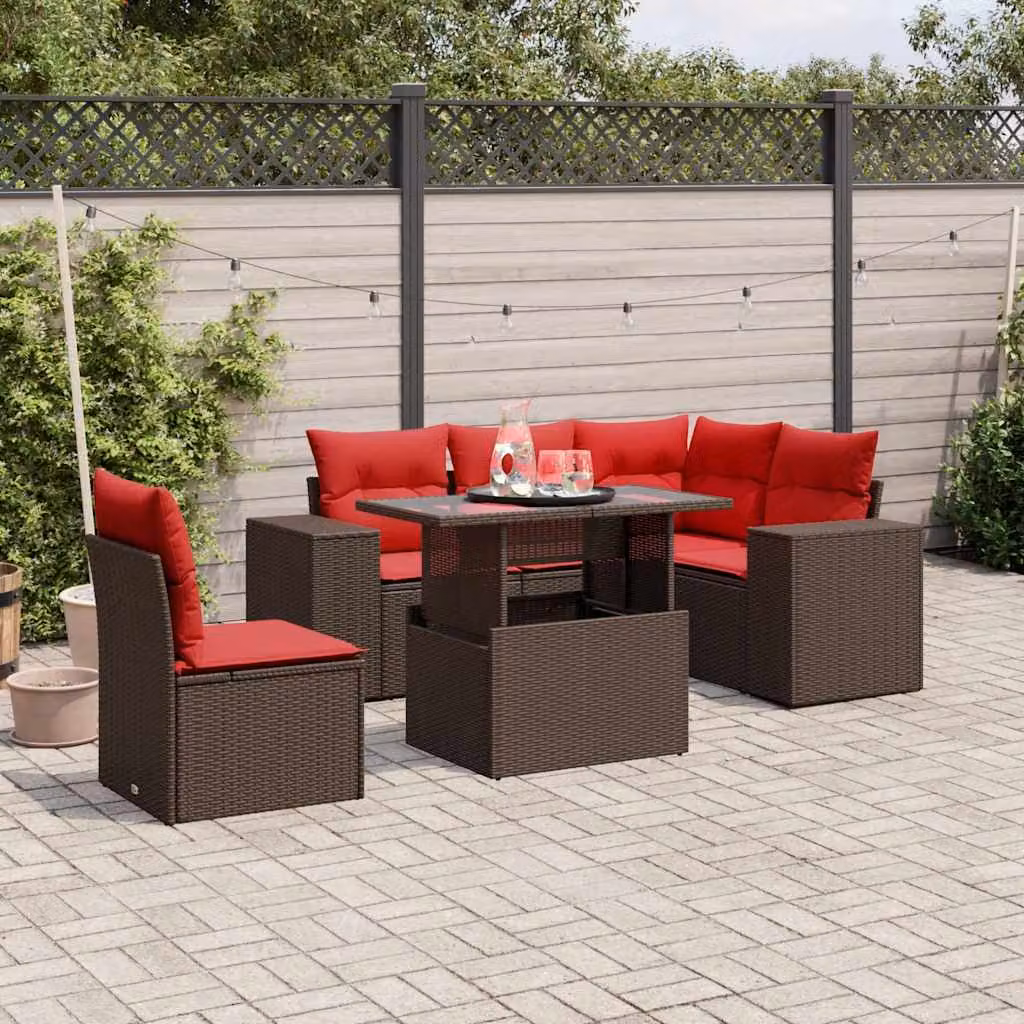 Set da giardino vidaXL in polyrattan marrone composto da 6 pezzi con cuscini imbottiti e tavolino da caffè