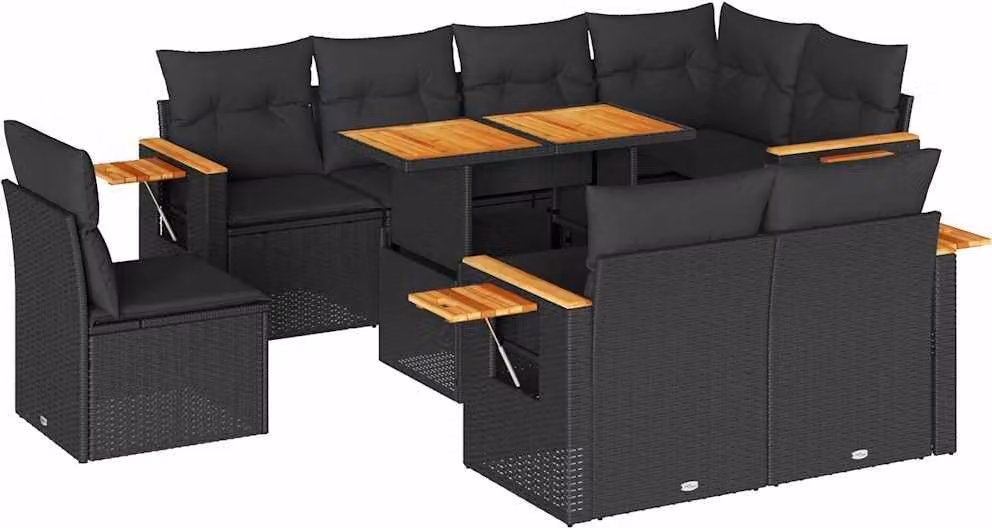 Set Divani da Giardino 9 pz con Cuscini Nero Polyrattan Acacia