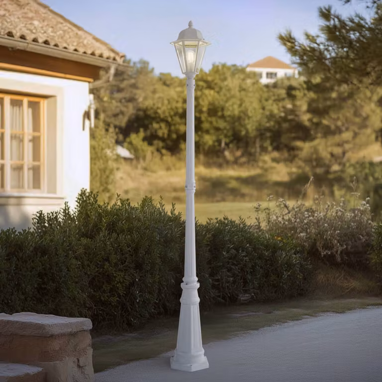 Lindby lampada da esterno Edana, 211 cm, bianco, metallo, E27, IP44 Edana Lindby, dimmerabile, Bianco / Opale, Alluminio, Moderno