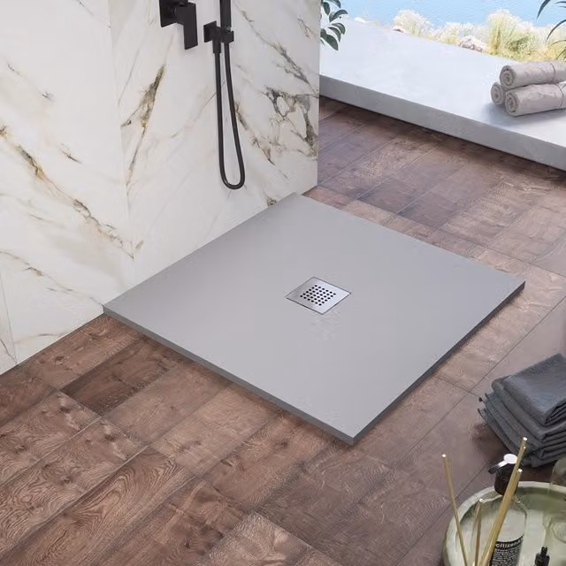 Piatto doccia quadrato Kos in marmoresina grigio effetto pietra, L/P: 90 x 90 cm