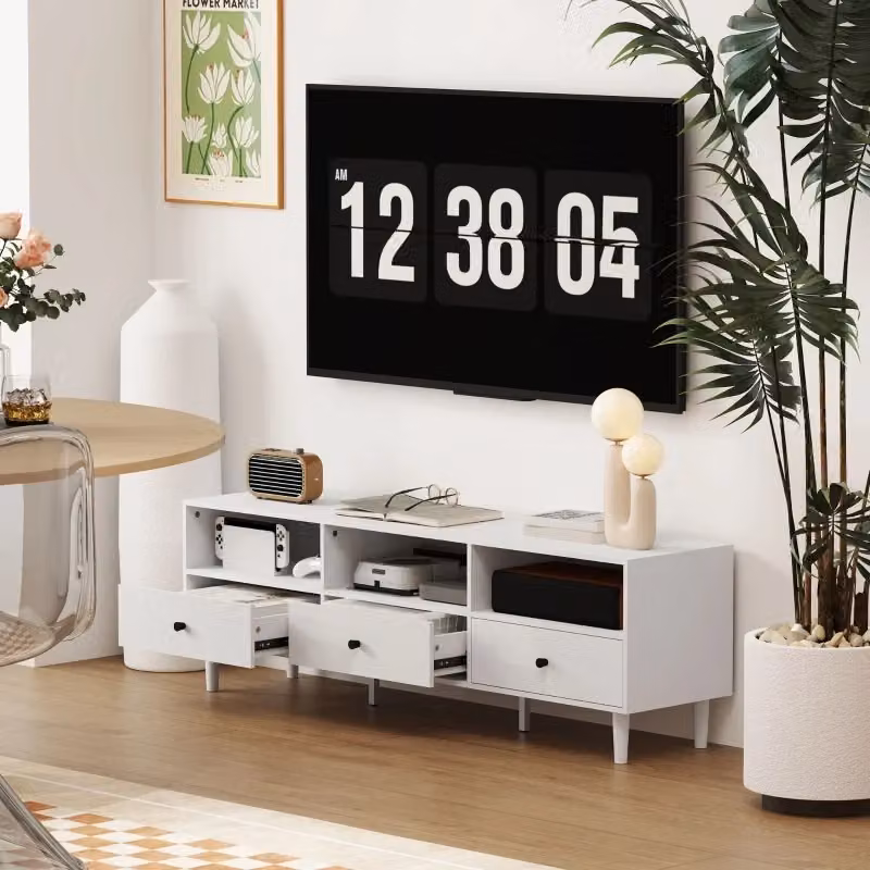 Mobile TV WISHDOR bianco moderno con passacavi, L 140 cm, P 34 cm, H 45 cm – 2